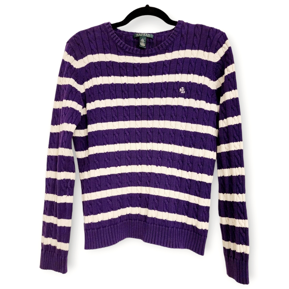 RALPH LAUREN Cotton Stripped Cable-Knit Sweater, Large, Purple/White